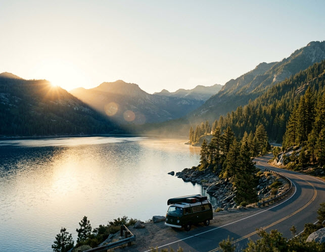 Camper van parked beside a winding alpine lakeshore road at sunset, pine-covered mountains rising around the lake