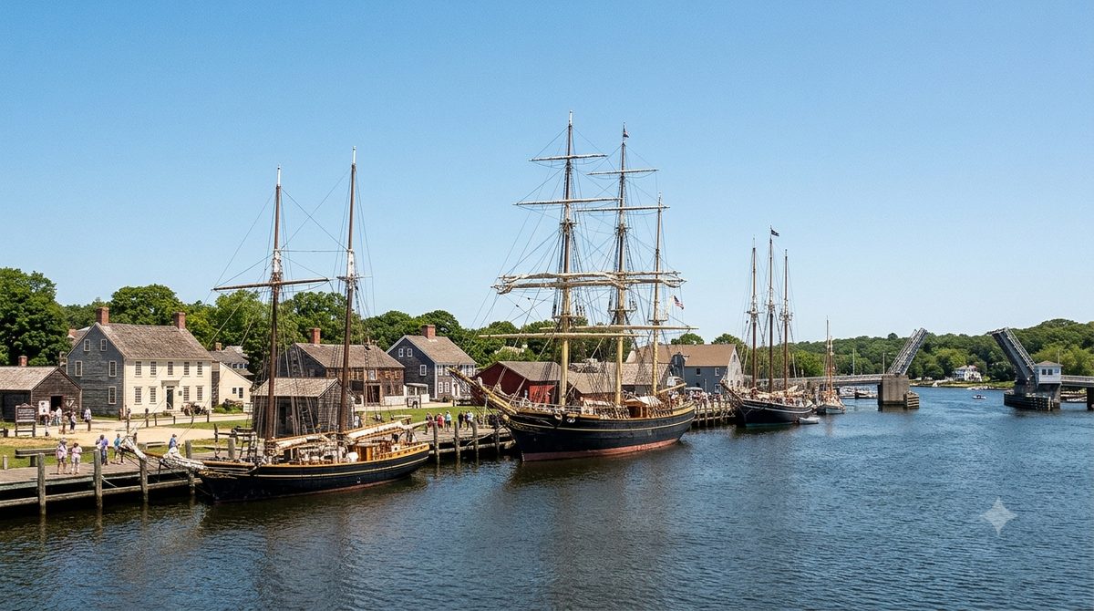 Tall ships docked along the Mystic Seaport waterfront on a clear summer day, white clapboard village buildings lining the shore and the drawbridge in the distance
